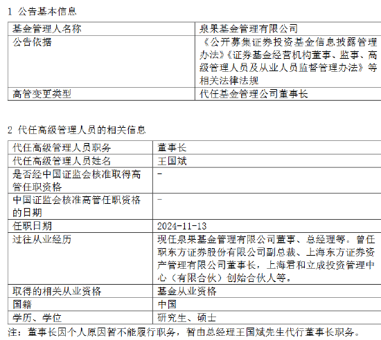 泉果基金回应高管失联:任莉因个人原因暂不能履行职务 暂由总经理王国斌代行董事长职务